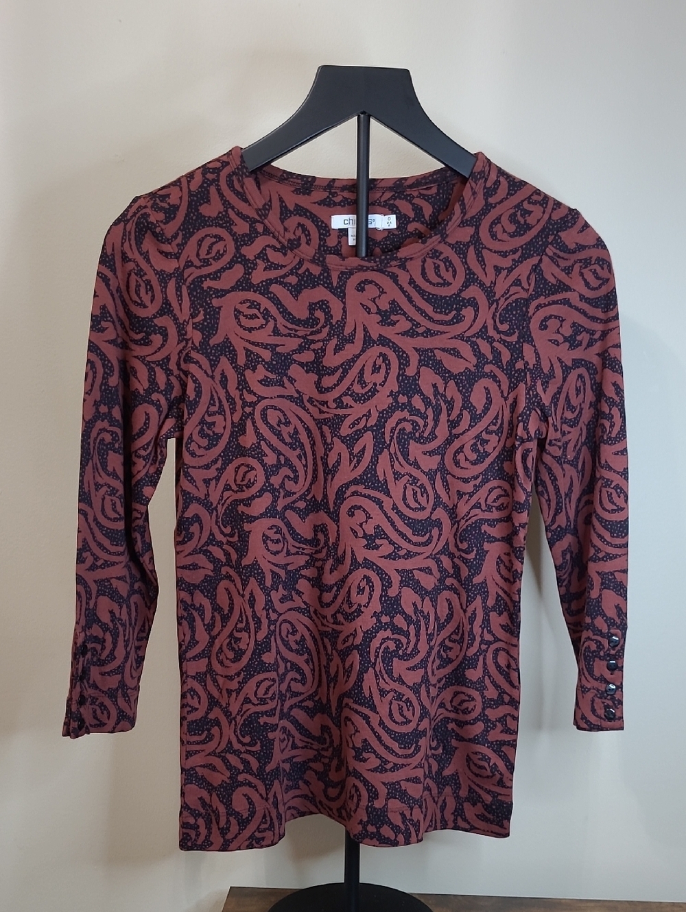Chico's Brown Rust & Black Paisley Print Top with 3/4 Length Sleeves size 0 (Sma